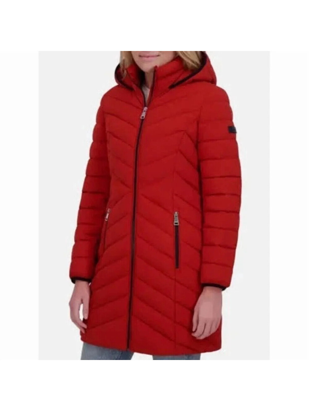 DKNY Women's Red Hooded Quilted Puffer Jacket Coat Medium Long Zip Winter #R1